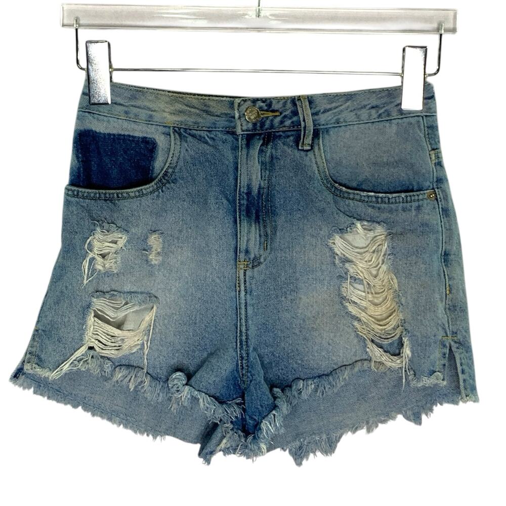 Farm Rio S Womens Distressed Cut Off Denim Short One Back Pocket Boho Coastal